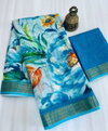 MG 379 Gold Jari Border With Weaving Linen Printed Sarees Wholesale Online